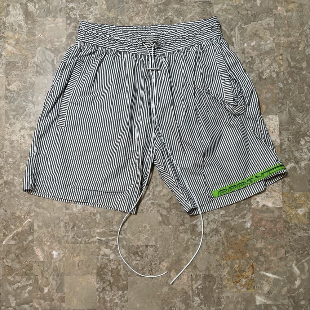 Represent Shorts Mens Large Black White Striped Long Drawstring 7” British Made